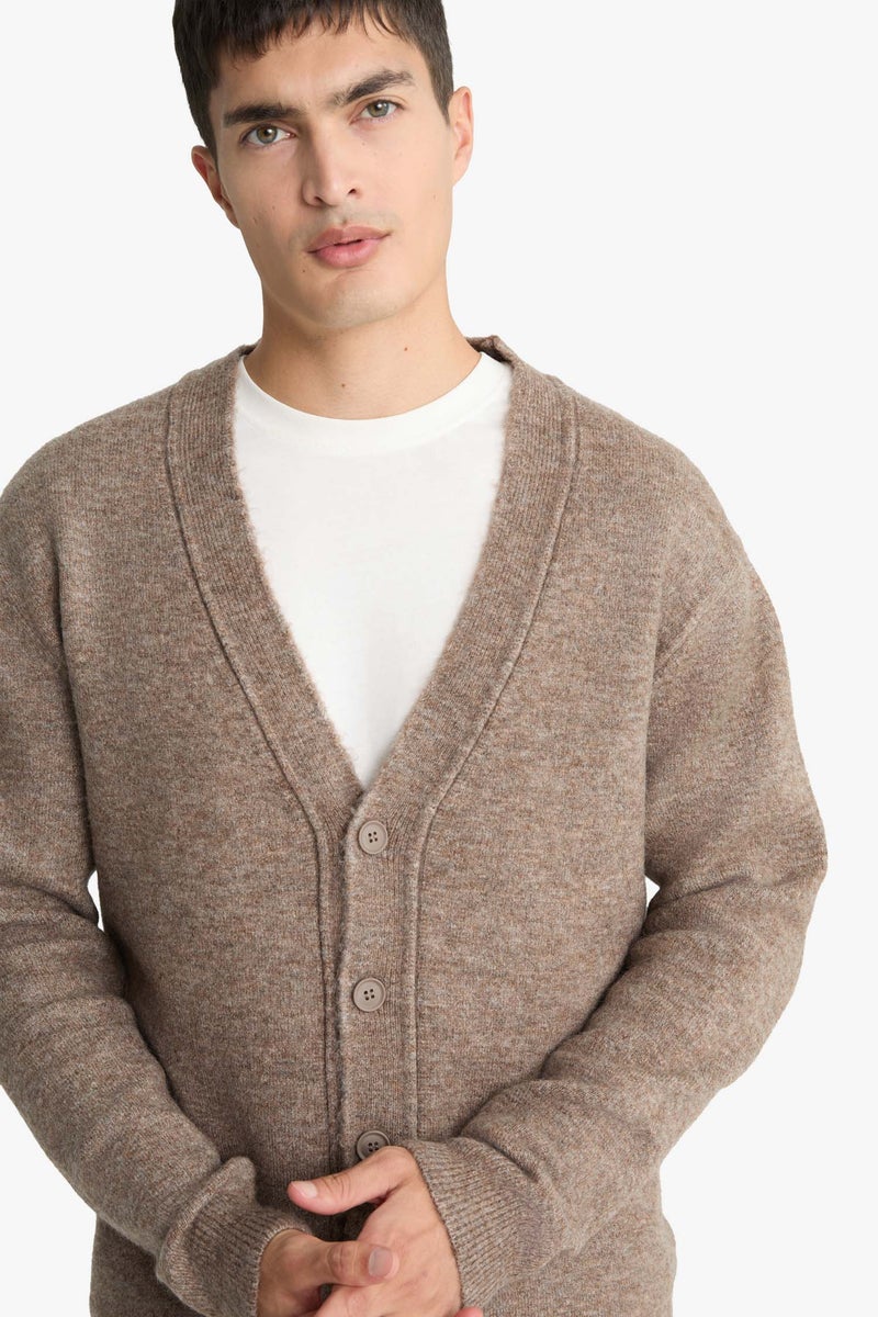 DeFacto Brown Man Relax Fit V-Neck Button Down Knit Cardigan Casual - Image 4